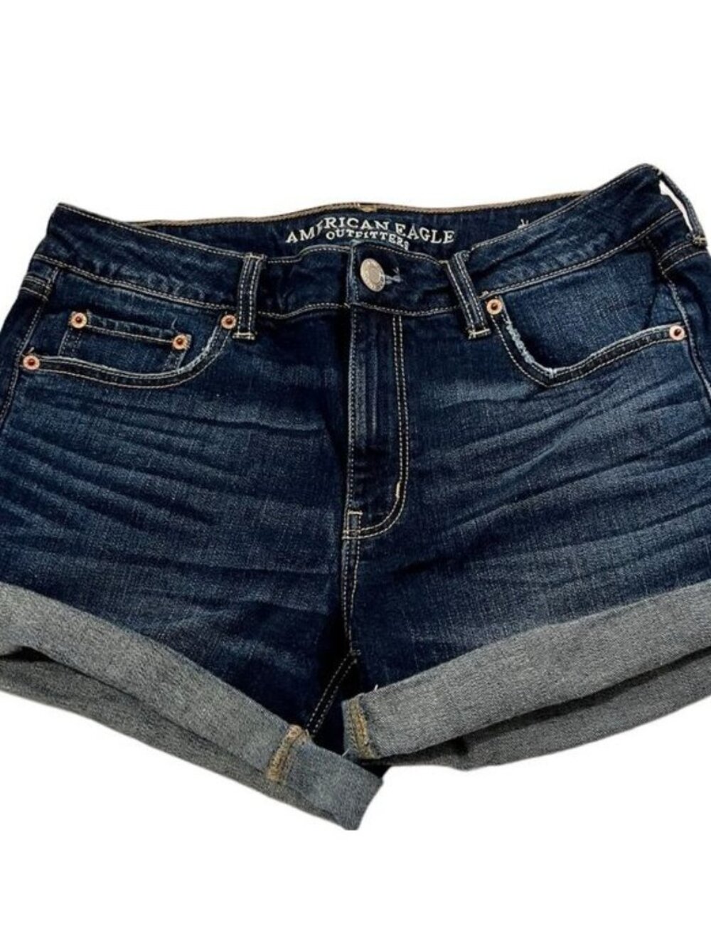 American Eagle Tomgirl Midi Size 8 Stretch Dark Medium Rinse Denim Shorts Cuffed - Picture 8 of 13